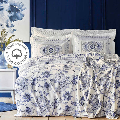 Parure de lit Karaca Home Amar avec housse de couette 100 % coton pour lit double, bleu