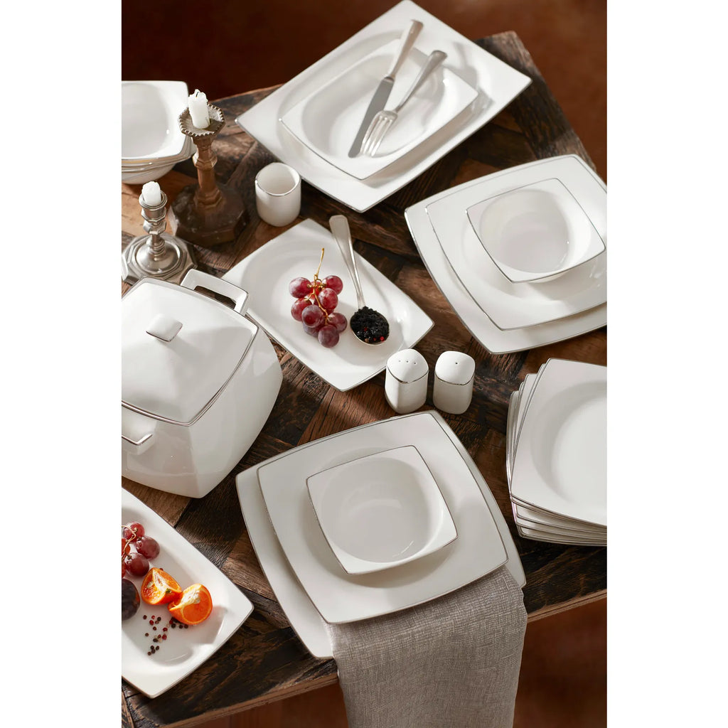 Service de table Karaca Talia pour 12 personnes, 60 pièces carrées/rectangulaires, couleur crème et platine