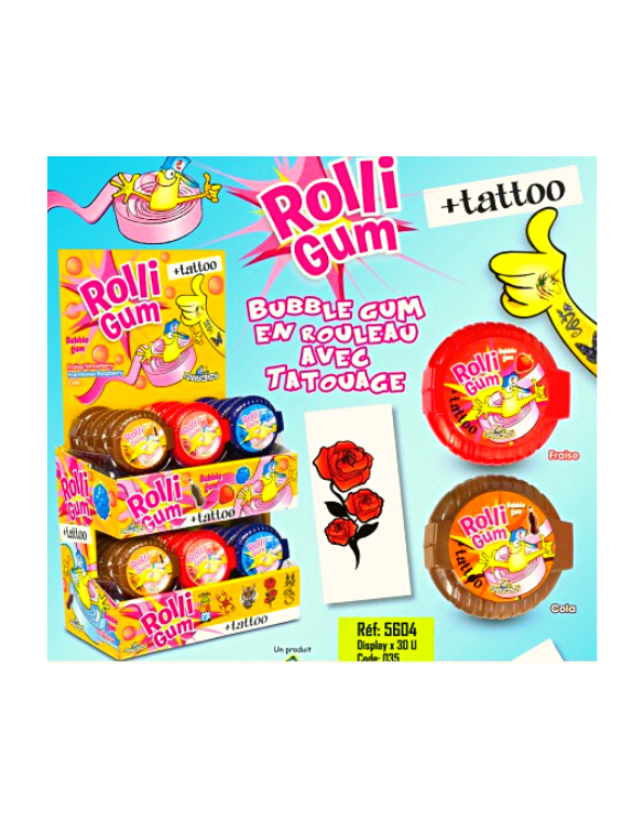Mini Rolli Gum Display Bubble Gum en Rouleau avec Tatouage