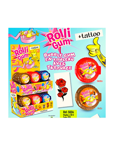 Mini Rolli Gum Display Bubble Gum en Rouleau avec Tatouage
