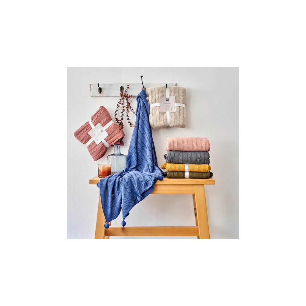 KH ROSE CABLE KNIT POMPOM THROW THROW