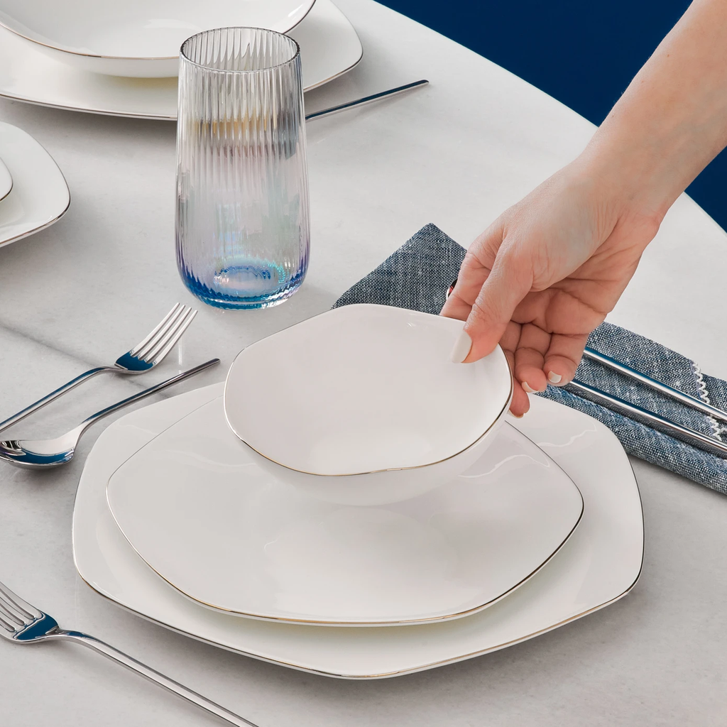 Karaca Fine Pearl Extra Hexagon, Service de Vaisselle 61 pièces pour 12 personnes, Doré