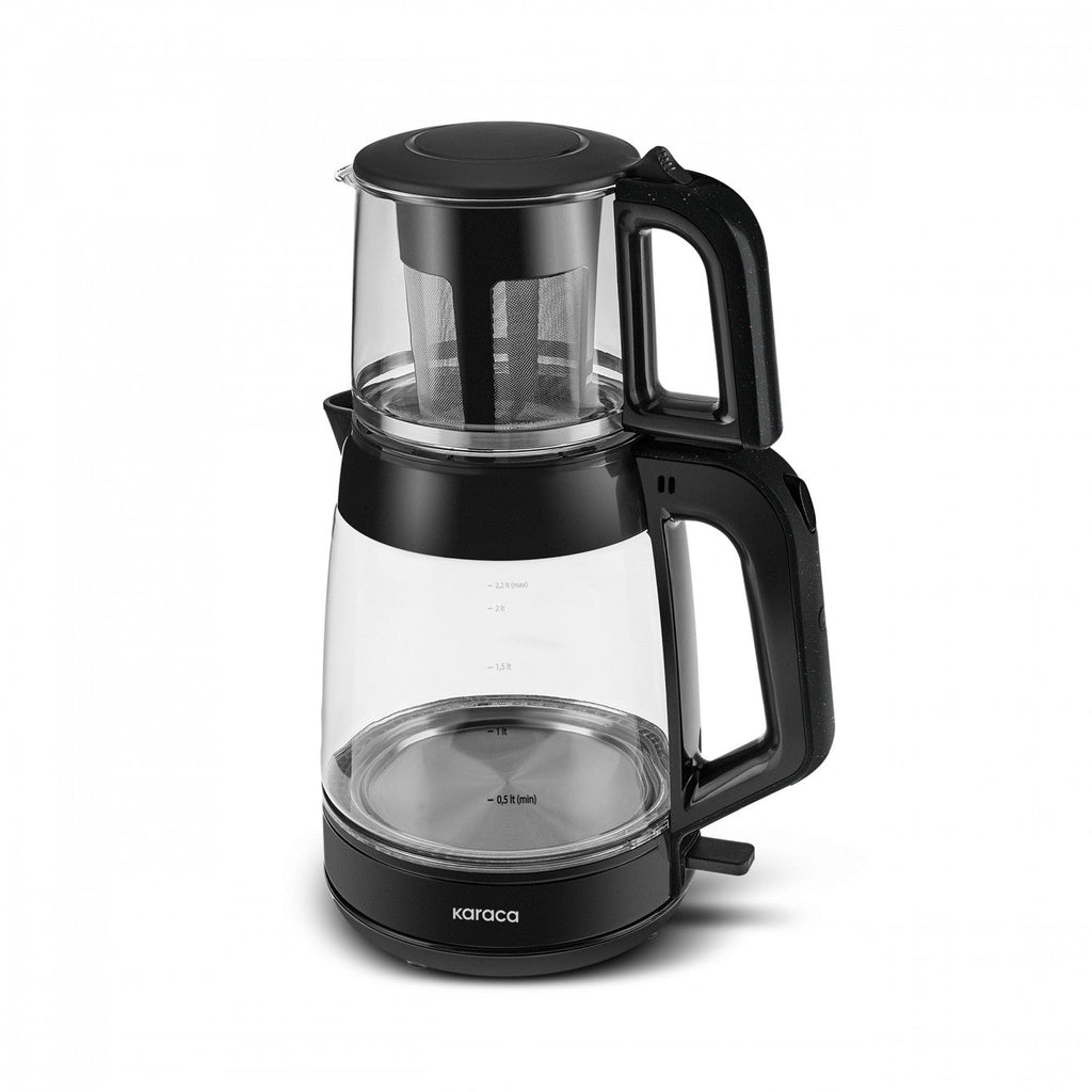 Karaca Glass Tea XL 2in1 Théière en Verre et Bouilloire Noir Brillant