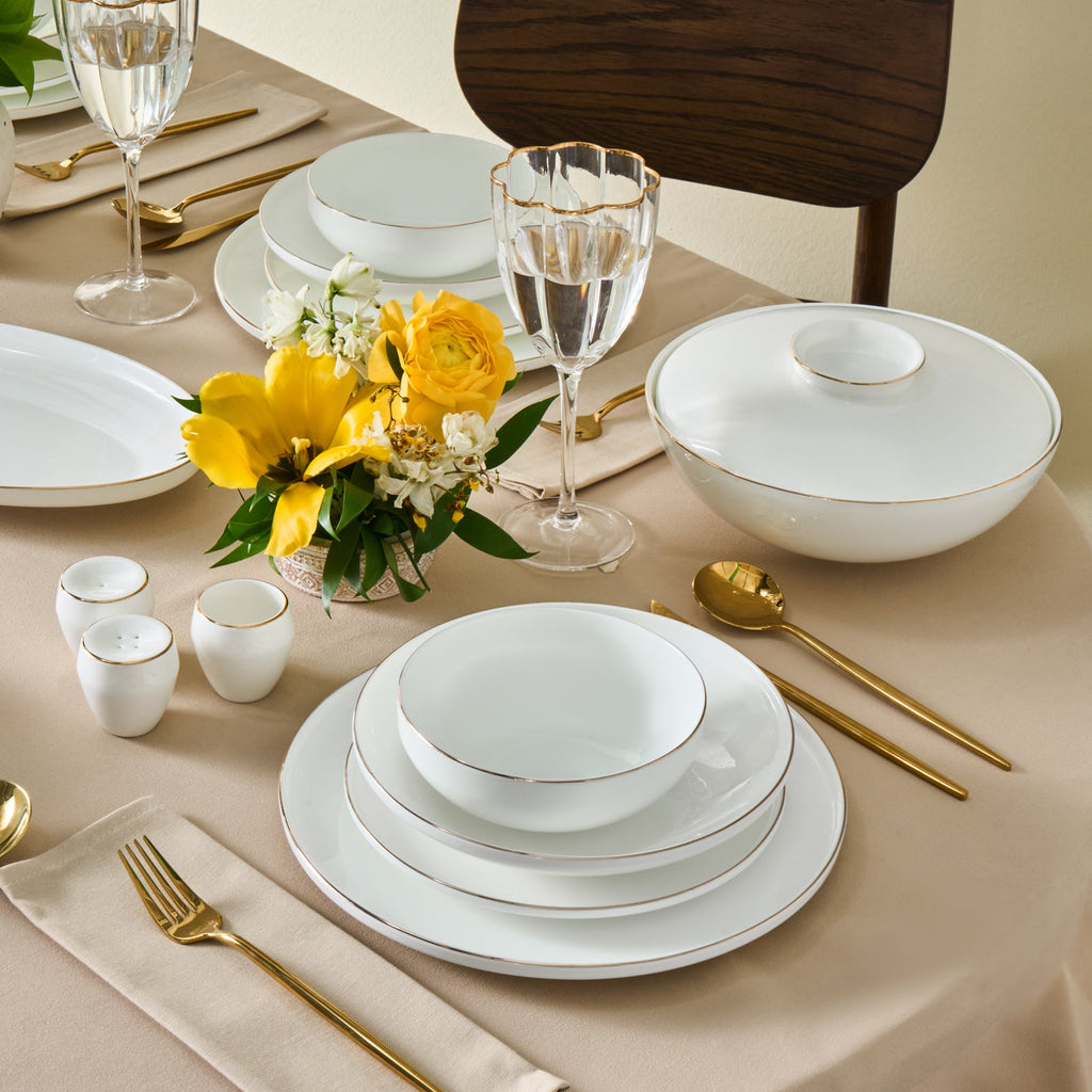 Karaca Fine Bone Meridian Service de Table 55 Pièces pour 12 Personnes Doré