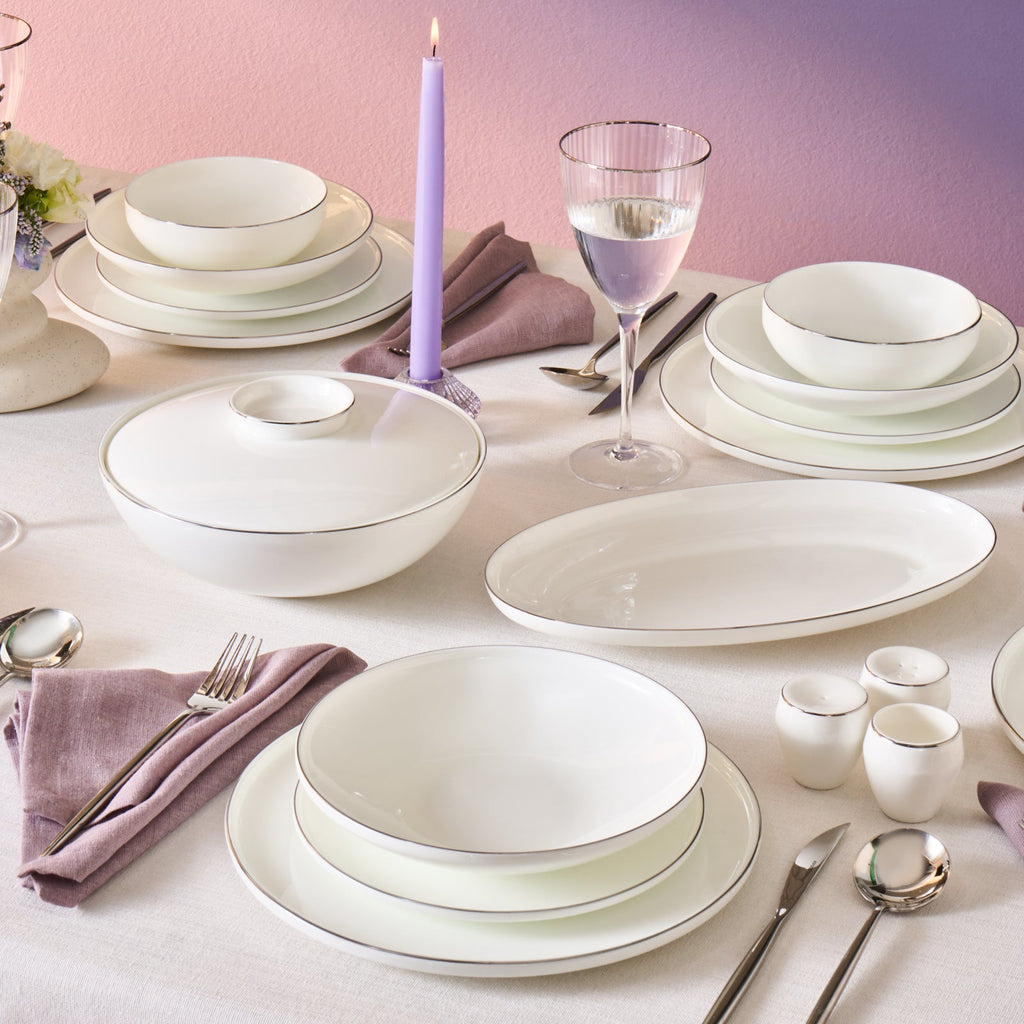 Karaca Fine Bone Meridian Service de Table 55 Pièces pour 12 Personnes Platine