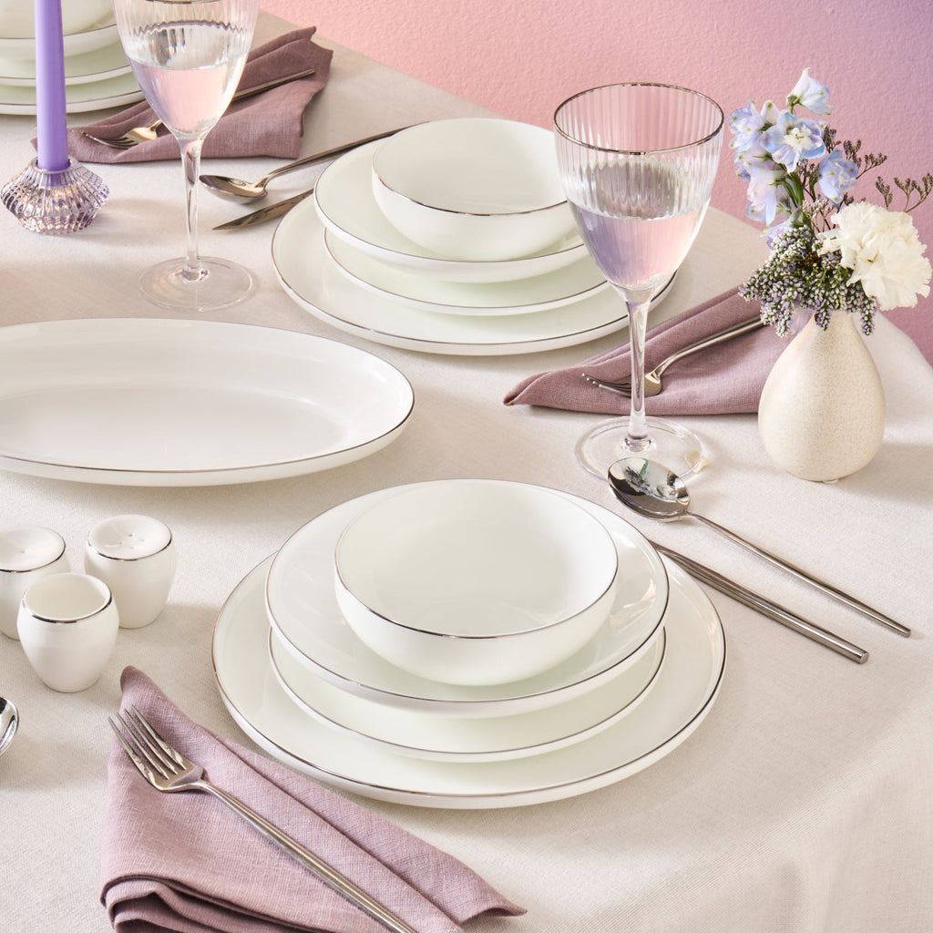 Karaca Fine Bone Meridian Service de Table 55 Pièces pour 12 Personnes Platine