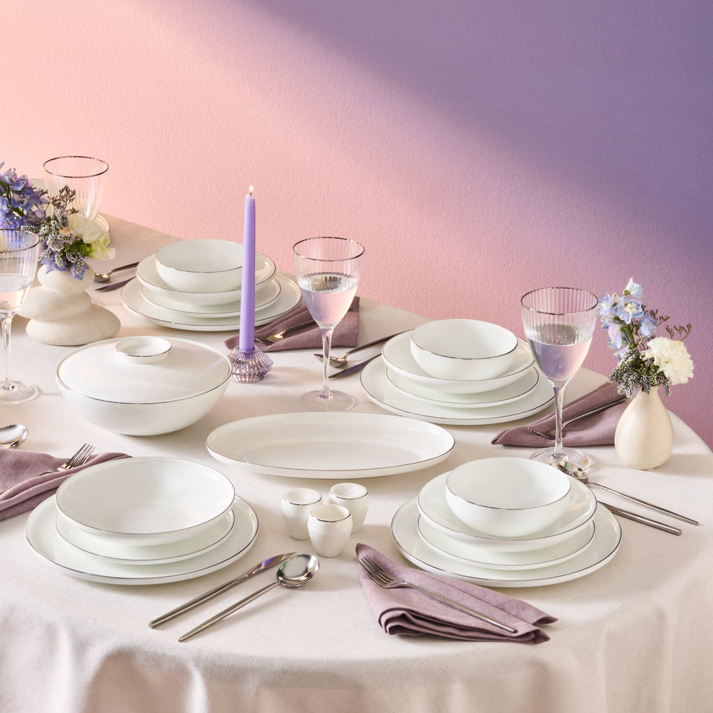 Karaca Fine Bone Meridian Service de Table 55 Pièces pour 12 Personnes Platine