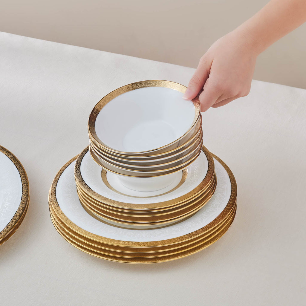 Karaca Royal Bone China Victoria Service de Table 55 Pièces pour 12 Personnes, Or