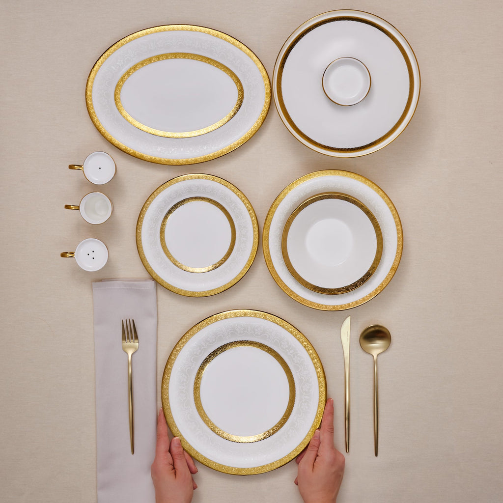 Karaca Royal Bone China Victoria Service de Table 55 Pièces pour 12 Personnes, Or