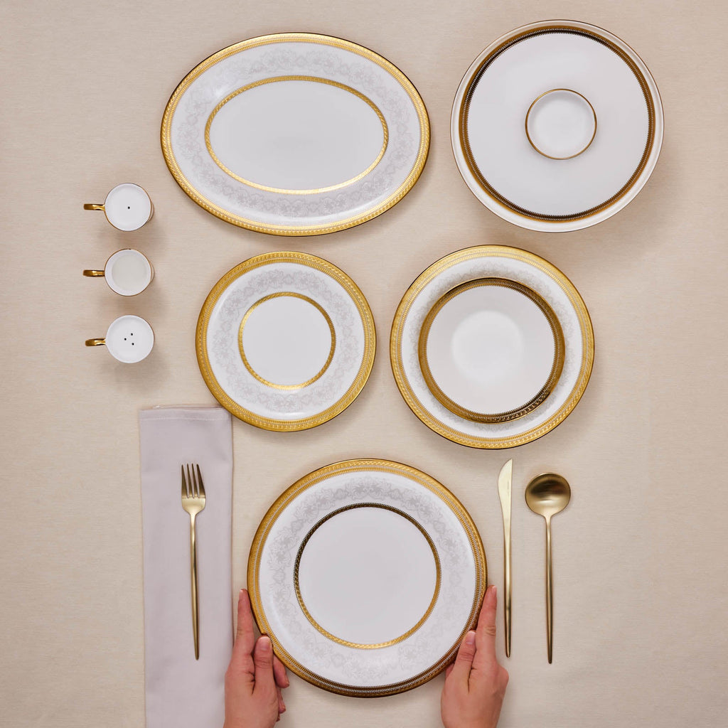 Karaca Royal Bone China Charlotte Service de Table 55 Pièces pour 12 Personnes, Or