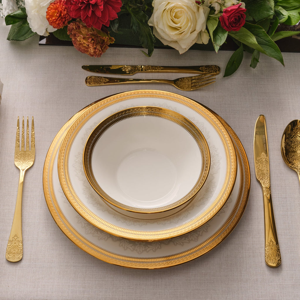 Karaca Royal Bone China Charlotte Service de Table 55 Pièces pour 12 Personnes, Or