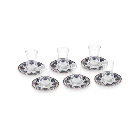 Service à Thé Turc Karaca Nakkas 12 Pièces en Bone China pour 6 Personnes, 130 ml, Rouge