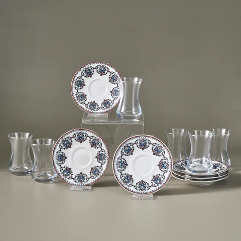 Service à Thé Turc Karaca Nakkas 12 Pièces en Bone China pour 6 Personnes, 130 ml, Rouge