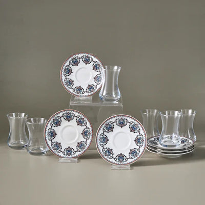 Service à Thé Turc Karaca Nakkas 12 Pièces en Bone China pour 6 Personnes, 130 ml, Rouge