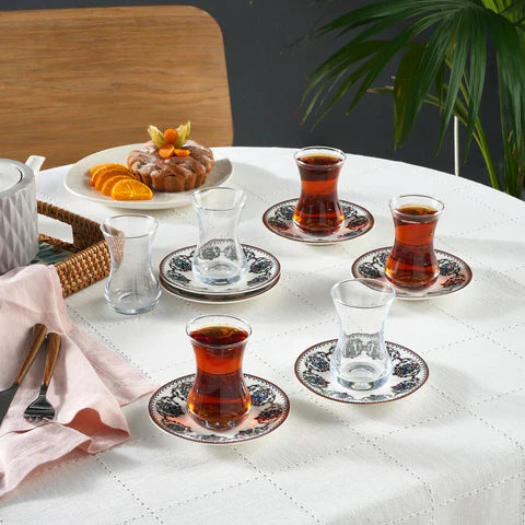Service à Thé Turc Karaca Nakkas 12 Pièces en Bone China pour 6 Personnes, 130 ml, Rouge