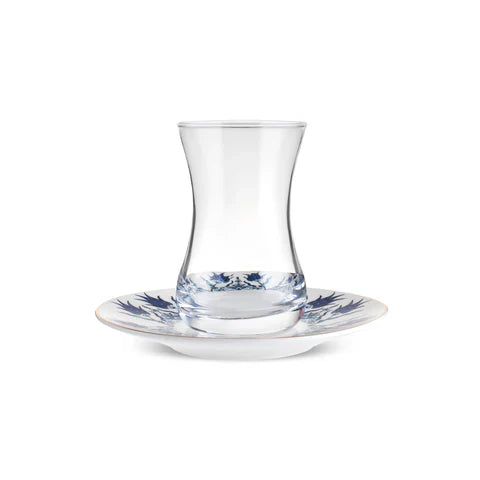Service à Thé Turc Karaca Iznik 12 Pièces en Bone China pour 6 Personnes, 130 ml, Bleu
