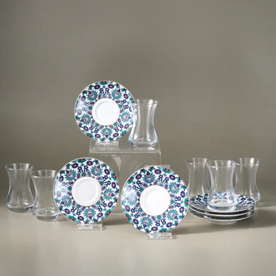Service à thé turc Karaca Edirne 12 pièces en Bone China pour 6 personnes, 130 ml, Multicolore