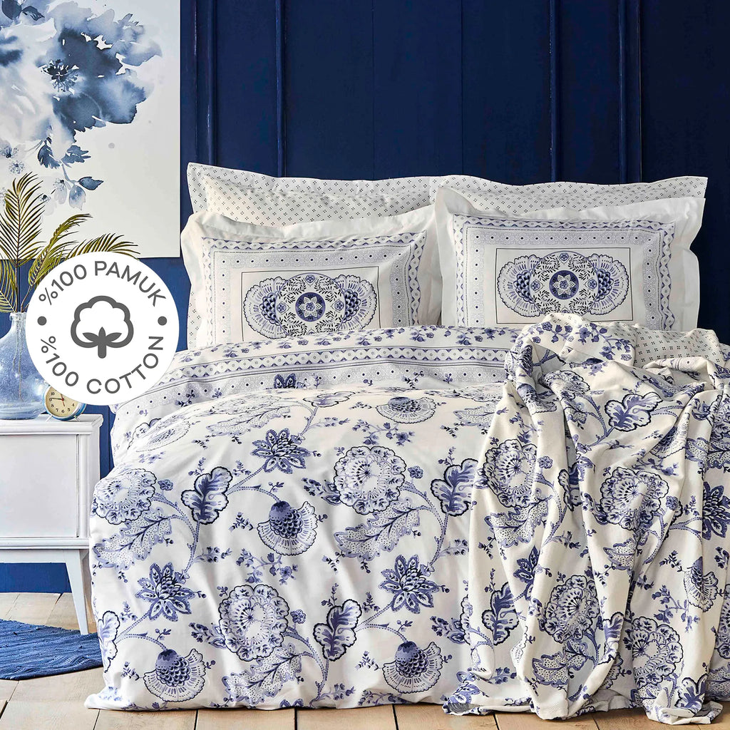 Parure de lit Karaca Home Amar avec housse de couette 100 % coton pour lit double, bleu