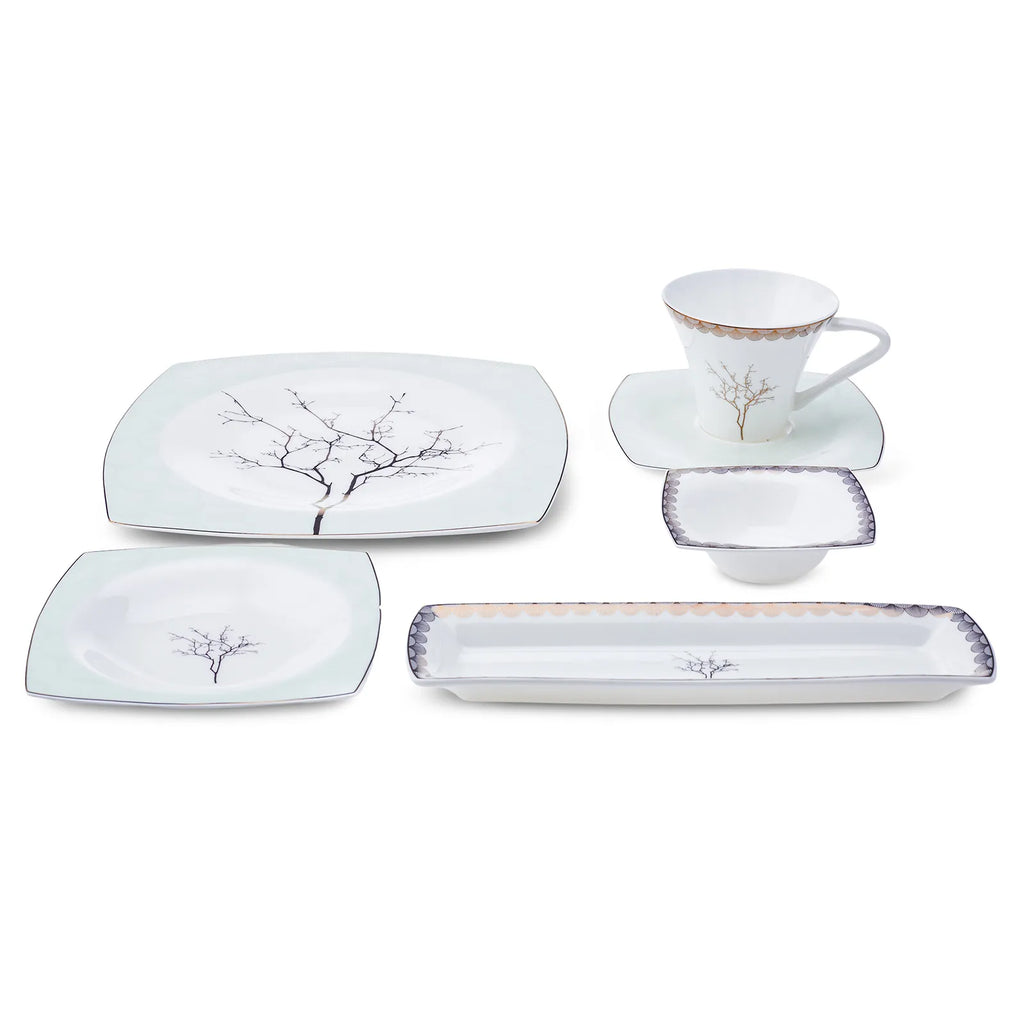 Service Petit Déjeuner Karaca Fine Pearl Banyan pour 6 personnes, 26 pièces carrées/rectangulaires