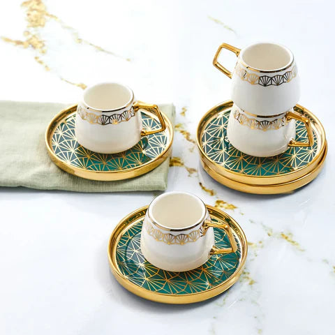 Ensemble de 12 Pièces Karaca Verde en Porcelaine – Tasses à Espresso Café Turc pour 6 Personnes, 100 ml, Multicolore