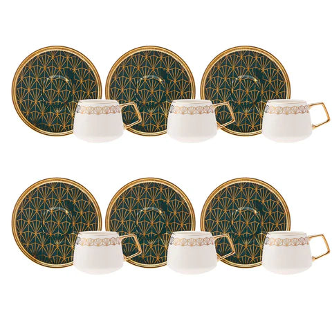 Ensemble de 12 Pièces Karaca Verde en Porcelaine – Tasses à Espresso Café Turc pour 6 Personnes, 100 ml, Multicolore