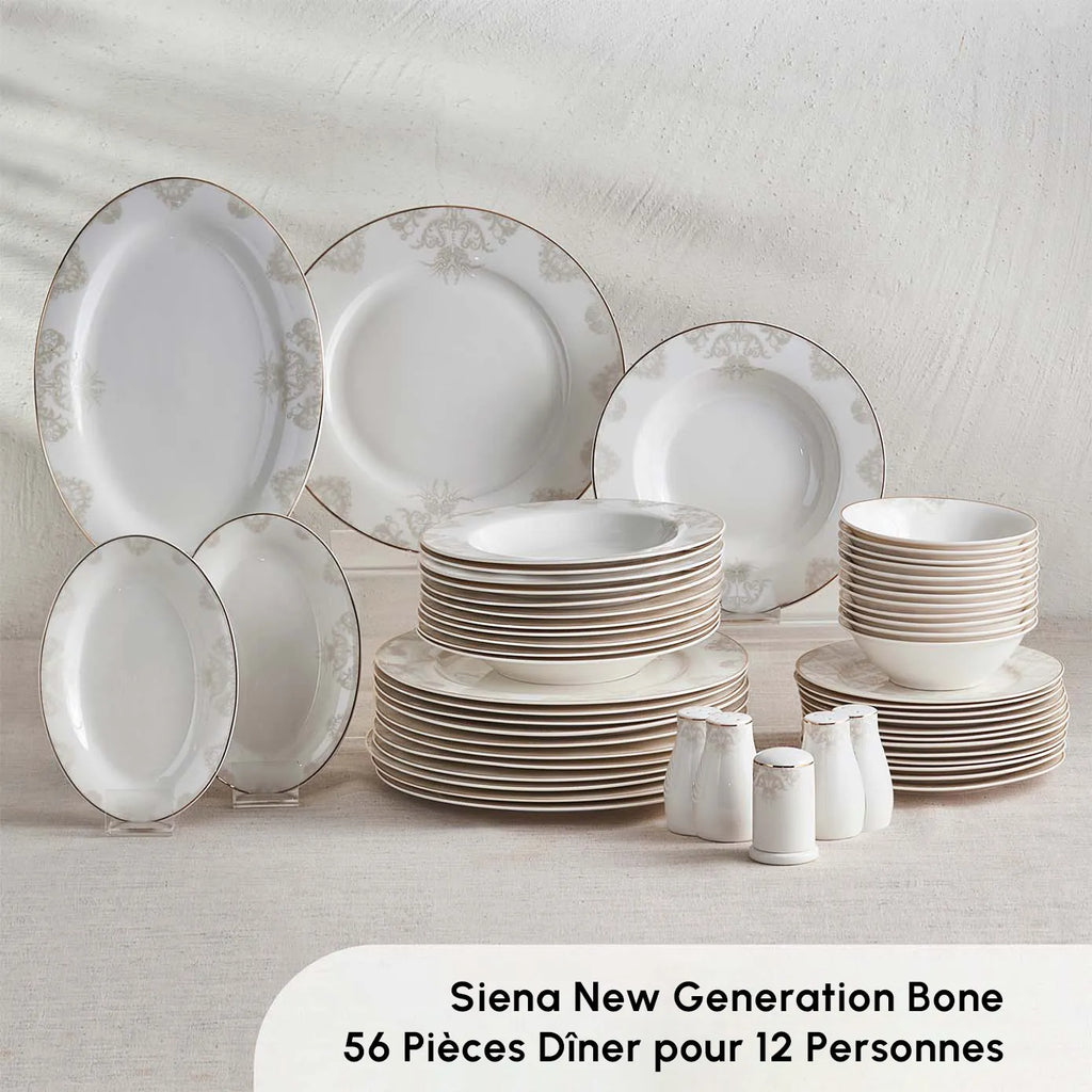 Service de table Karaca Siena pour 12 personnes, 56 pièces, New Generation Bone, avec bord doré