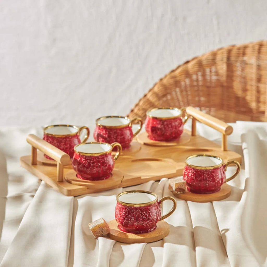 Coffret de tasses à café pour 6 personnes avec plateau en bambou Karaca, 90 ml, rouge